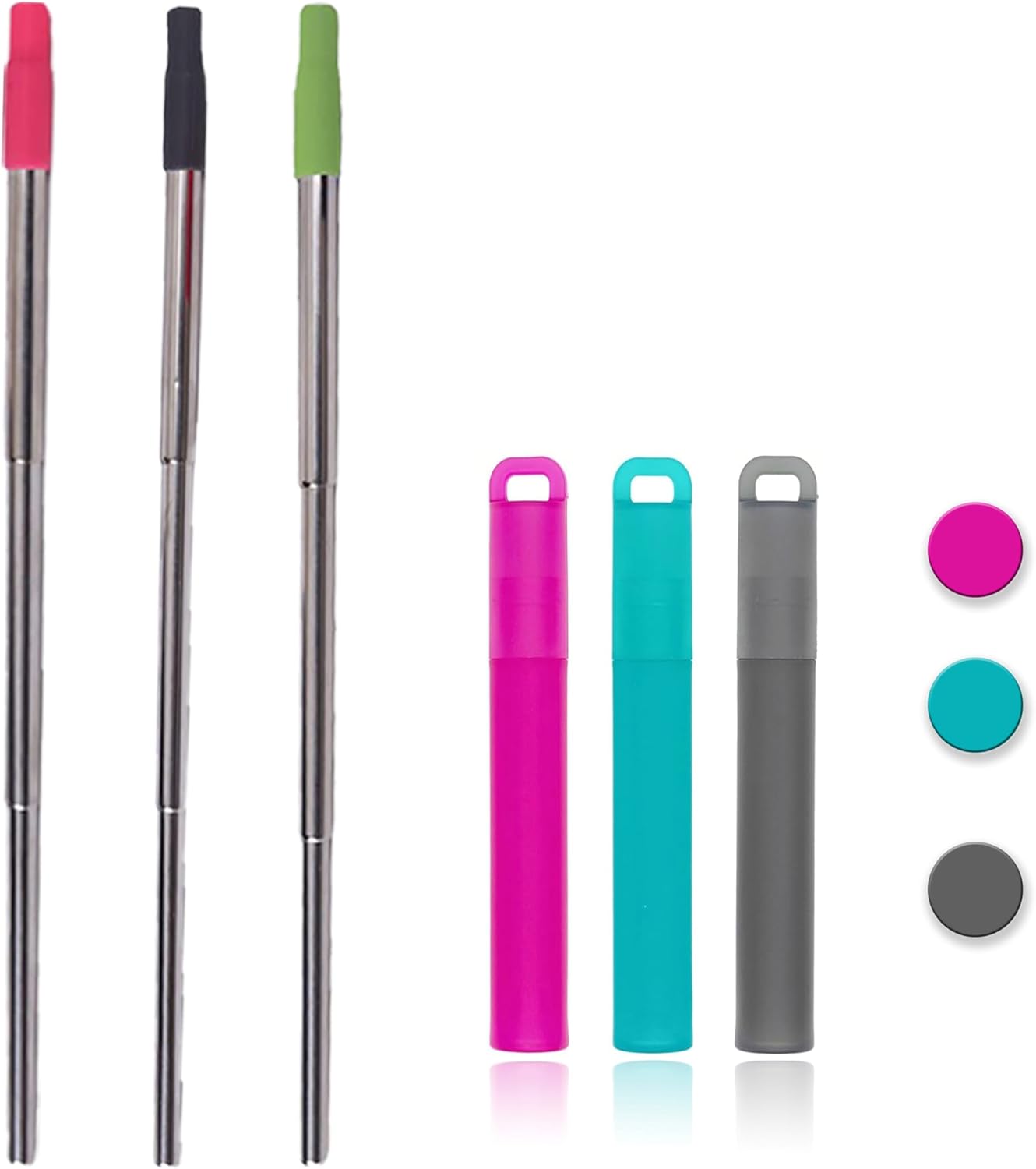 Metal Reusable Straws-3 Pack Collapsible Portable Stainless Steel Straws, with Plastic Housing Silicone Tips and Cleaning Brush with Telescopic ( Black + Green + Purple)